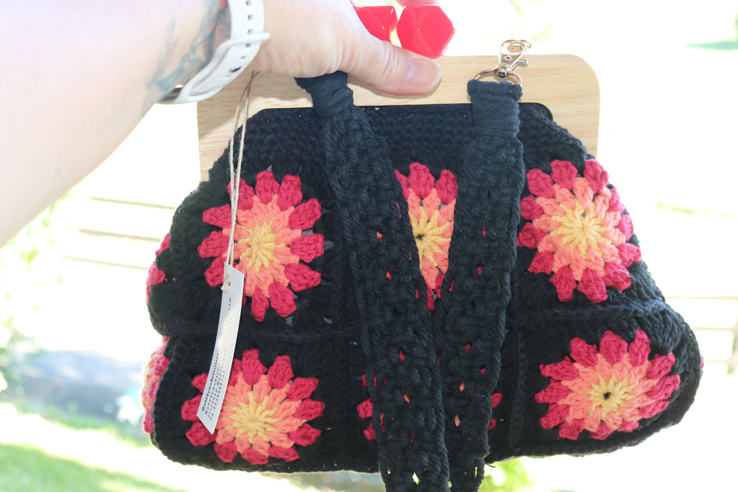 Crochet Purse with Wooden Kiss Lock. Black